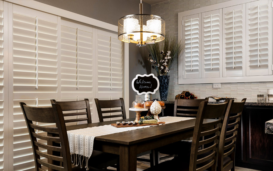 White polywood shutters in a kitchen.